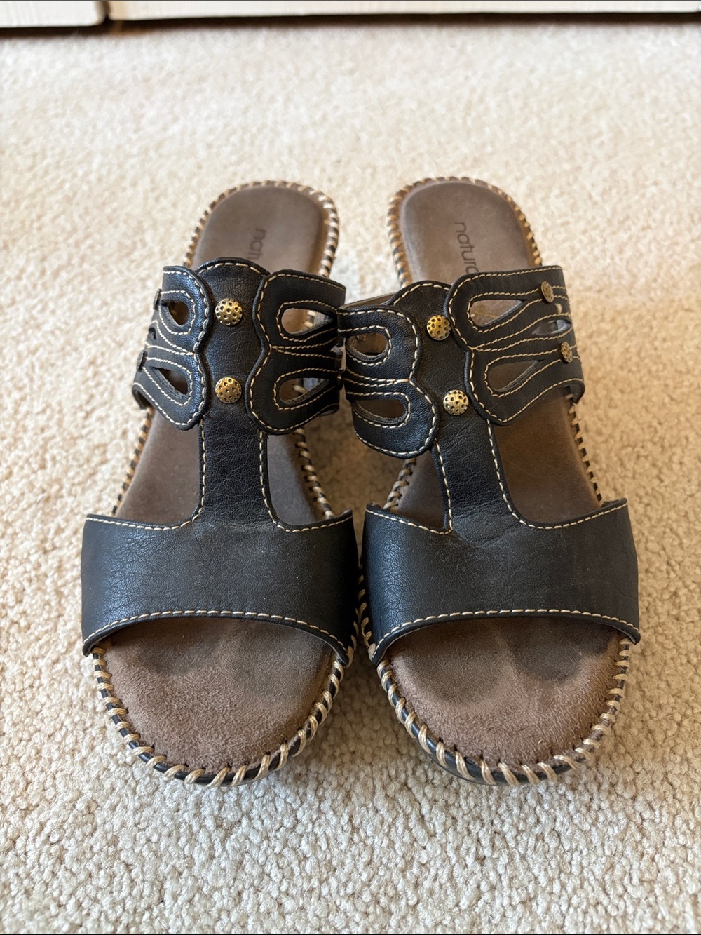 Naturalizer Black Leather Slide Sandals with Brass Stud Accents
